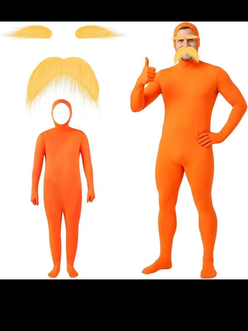 XL Orange Bodysuit with Yellow Eyebrows and Mustache DR Seuss The Lorax NEW